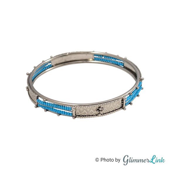 Southwestern Style Silver Tone Bangle Bracelet with Teal Seed Beads - Picture 1 of 9